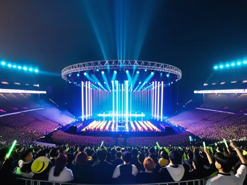 BTS crea un impacto global en el escenario, rodeados de fans entusiastas con luces de colores