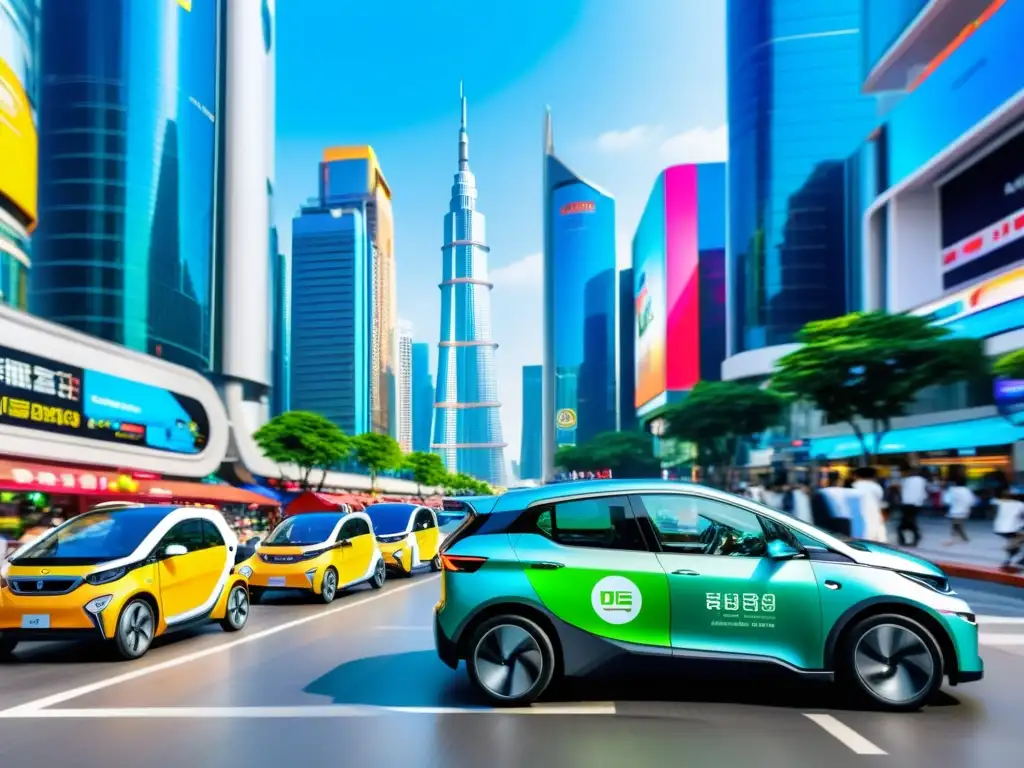 Impacto global de la movilidad eléctrica en Asia: bulliciosa calle llena de vehículos eléctricos, anuncios coloridos y arquitectura moderna