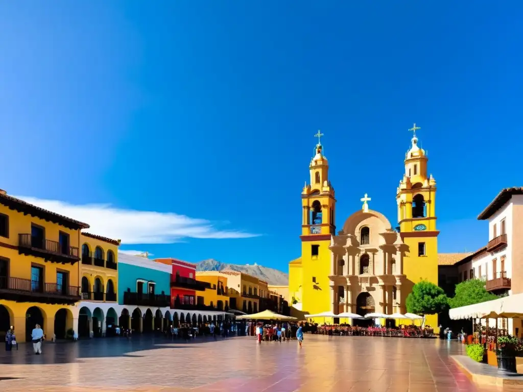 Impacto de la urbanización en pueblos históricos: Plaza bulliciosa con arquitectura colonial, calles empedradas y gente disfrutando