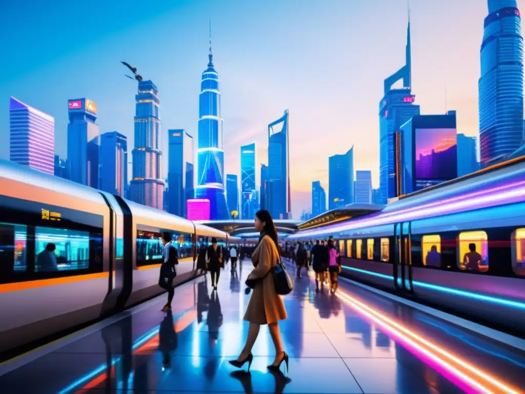 Impacto de la tecnología en series asiáticas: una ciudad futurista en Asia con luces de neón, rascacielos y trenes de alta velocidad