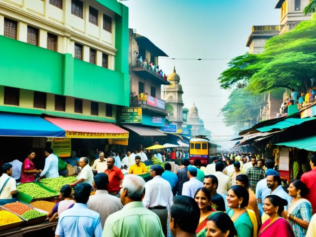 Vibrante caos callejero en Mumbai: tradición y modernidad Impacto de 'El último tren a la zona verde' en la India: una bulliciosa calle de Mumbai llena de coloridos puestos y una multitud diversa