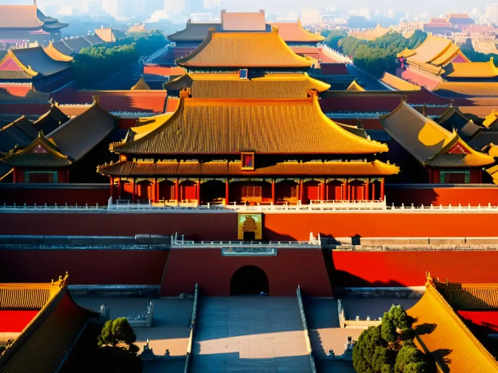 Imponente Arquitectura Imperial China en la Ciudad Prohibida de Beijing, con detalles dorados y rojos bajo la luz del sol