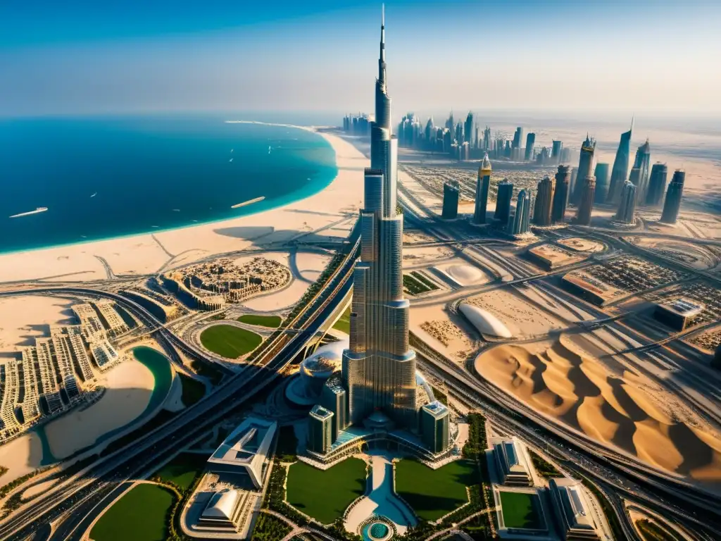 Imponente arquitectura lujosa en Asia: el icónico Burj Khalifa en Dubai se eleva en el desierto, destacando su diseño moderno y grandiosidad