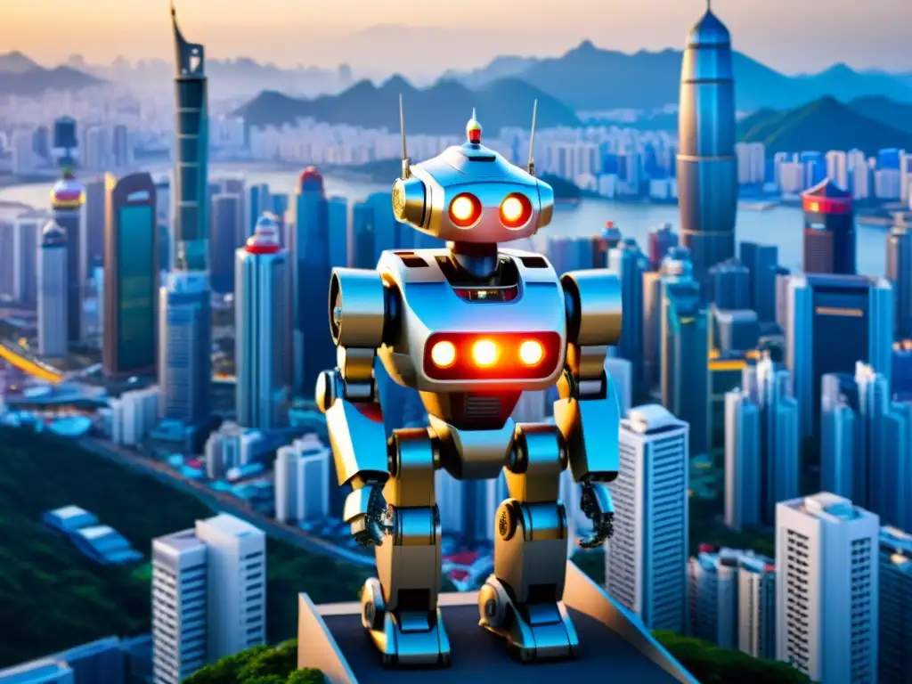 El imponente robot Mazinger Z destaca entre la bulliciosa ciudad asiática, fusionando tecnología y cultura