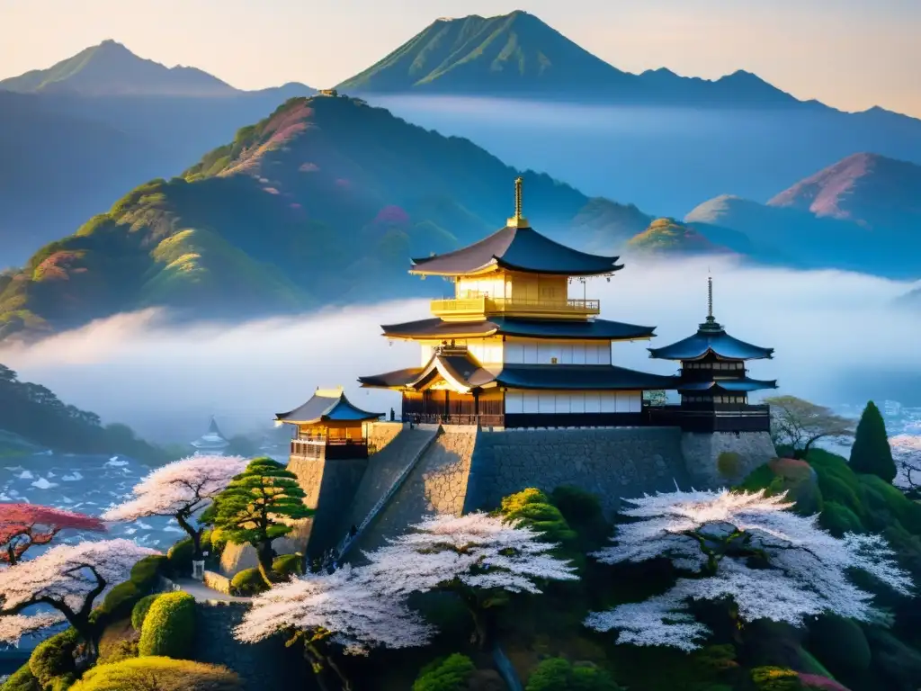 Imponente castillo japonés rodeado de cerezos en flor y montañas neblinosas, evocando la jerarquía del poder en Japón feudal