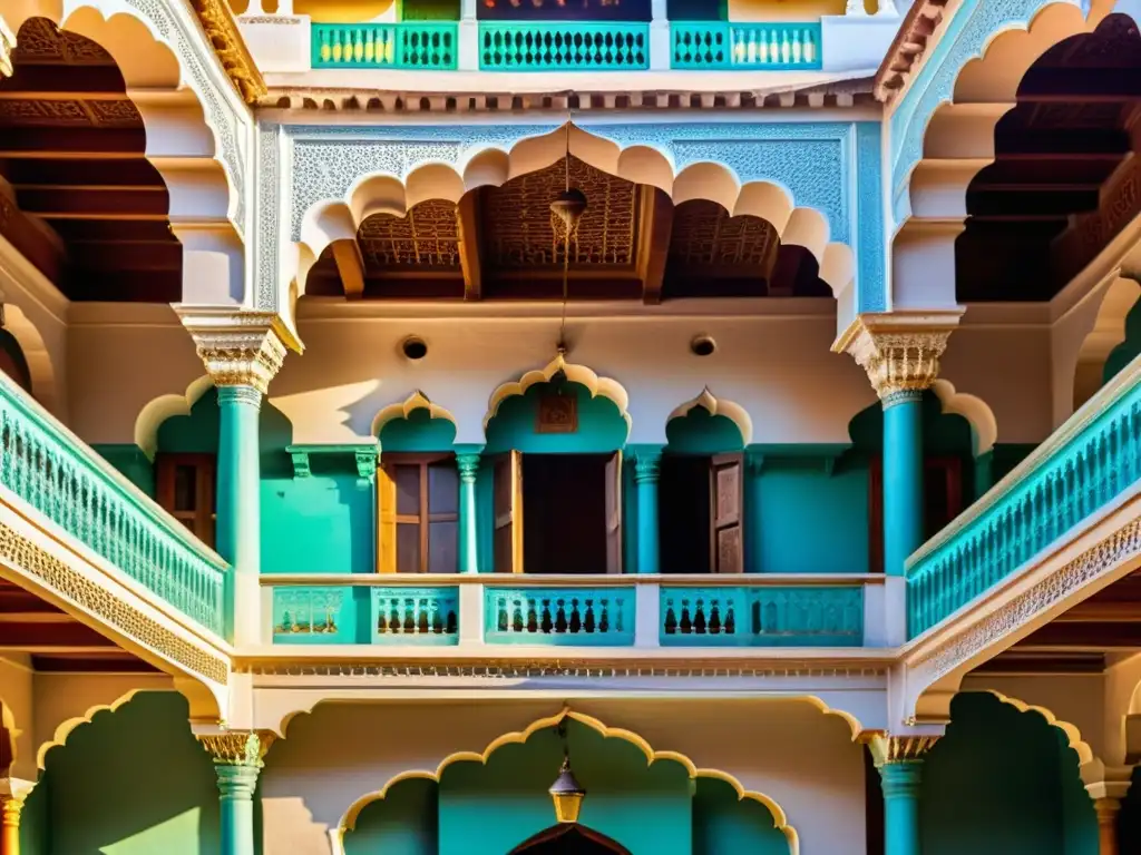 Imponente Haveli convertido en hotel de lujo en India, con arquitectura ornamental y colores vibrantes, reflejando su encanto histórico y moderno