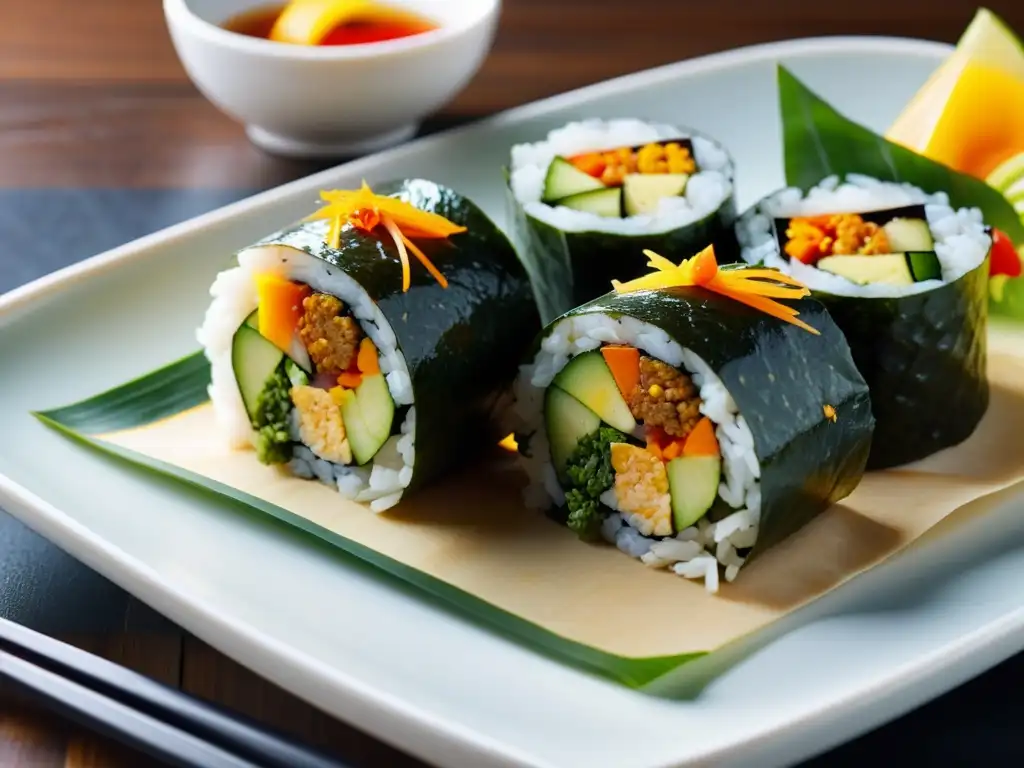 Imponente gimbap coreano tradicional, despliega su belleza y sabor en un entorno acogedor y auténtico