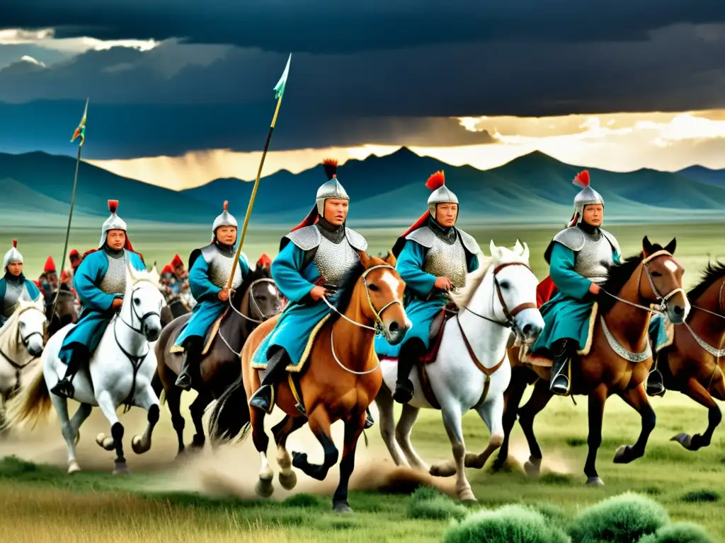 Imponente ejército mongol a caballo en las estepas, evocando la conquista del imperio de Genghis Khan