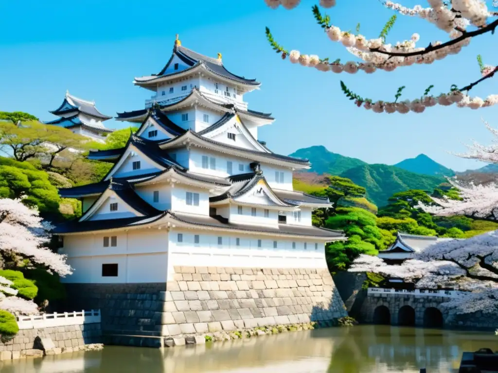 La imponente fortaleza blanca del Castillo Himeji con estrategias defensivas en castillos japoneses, rodeado de árboles de cerezos en flor