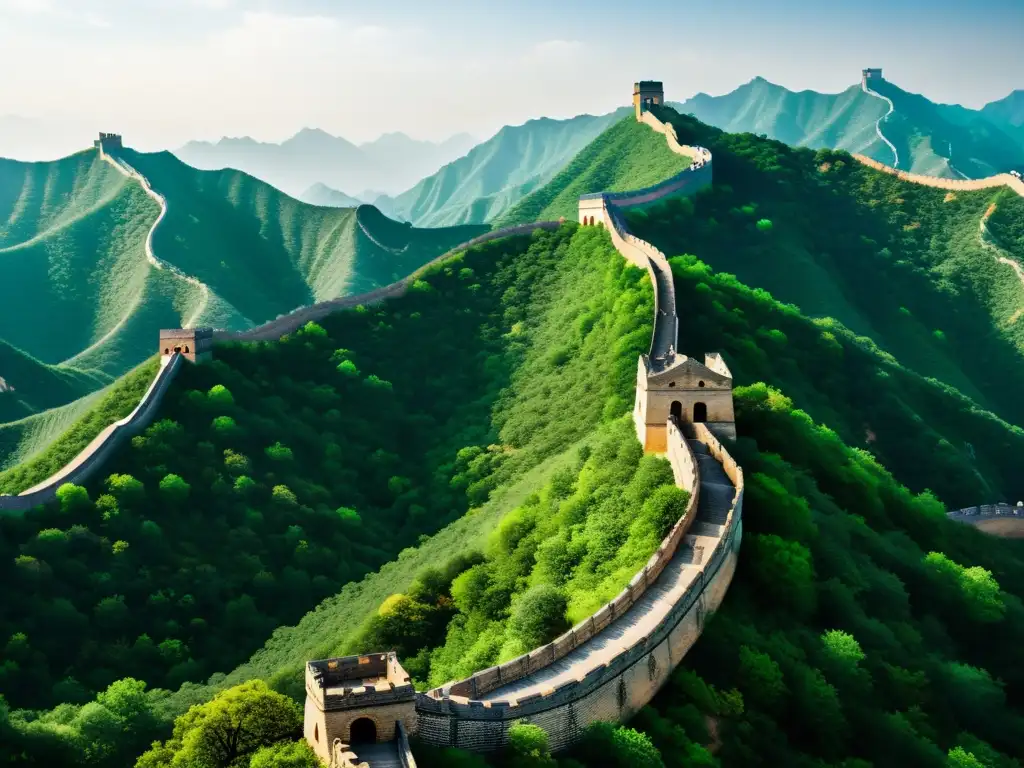 Imponente Gran Muralla China en paisaje montañoso, destacando su construcción antigua y la unificación China bajo la dinastía Sui