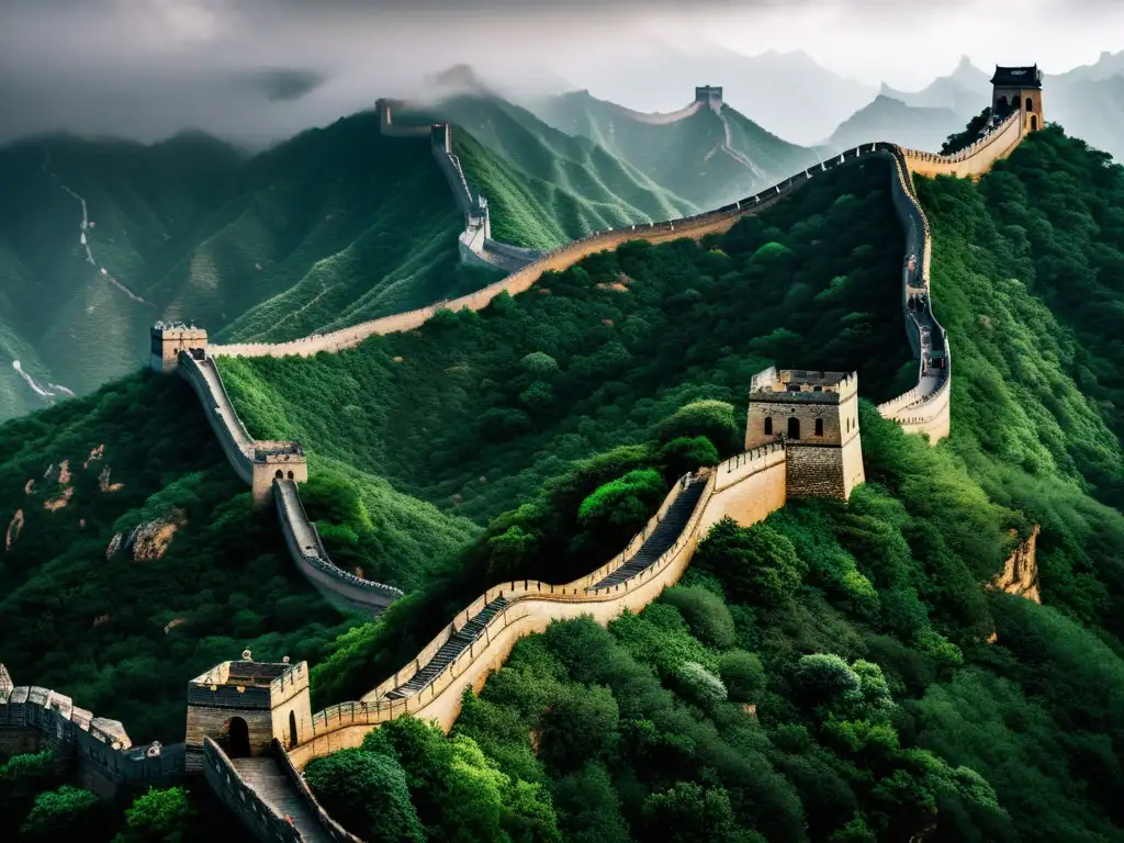 Imponente Gran Muralla China serpenteando entre montañas bajo un cielo nublado, evocando la grandeza y estrategias militares dinastías chinas