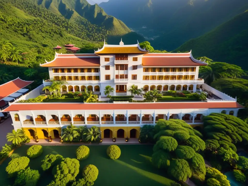 Imponente hotel histórico rodeado de exuberantes jardines y montañas, bañado por la cálida luz dorada del atardecer