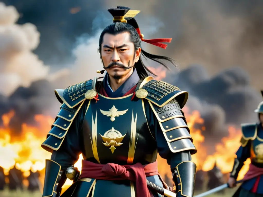 Imponente imagen de Oda Nobunaga, líder samurái en el Japón feudal, rodeado de su ejército en una épica batalla