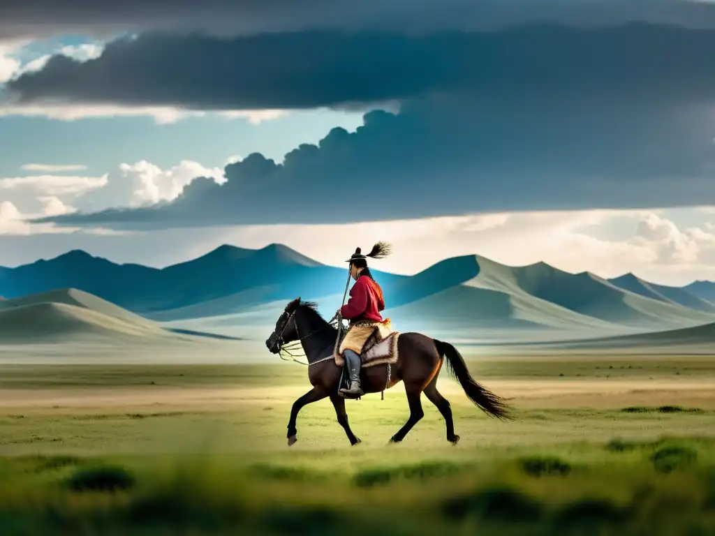 Imponente paisaje de la estepa mongol con jinete solitario, exudando liderazgo estratégico en Asia