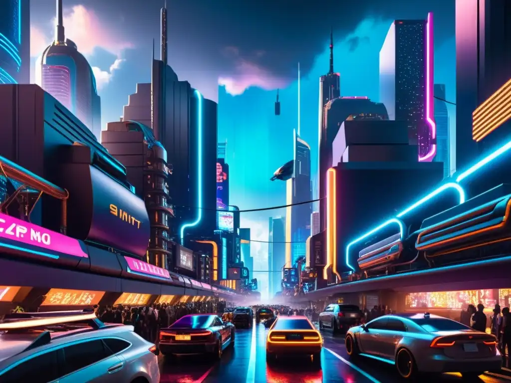 Imponente paisaje urbano cyberpunk con rascacielos, luces de neón y figuras enmascaradas