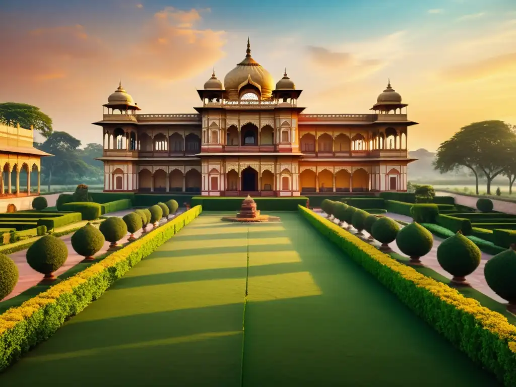 Imponente palacio indio con jardines verdes, colores vibrantes y un atardecer dorado, evocando el cine épico de la India