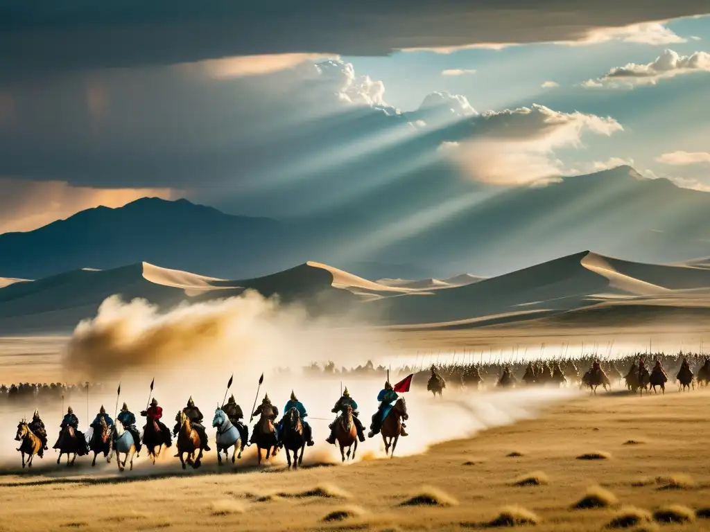 Imponente táctica de combate de los guerreros mongoles en una vasta batalla en las llanuras, con miles de jinetes y nubes de polvo dorado