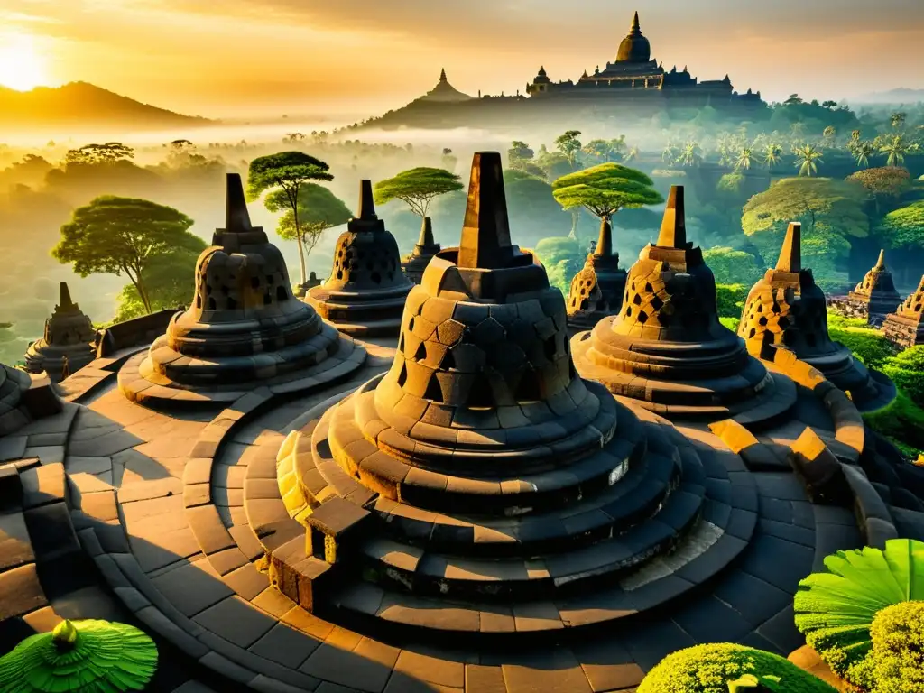 Imponente templo Borobudur en Indonesia, con luz dorada del amanecer iluminando las intrincadas esculturas de piedra y estupas