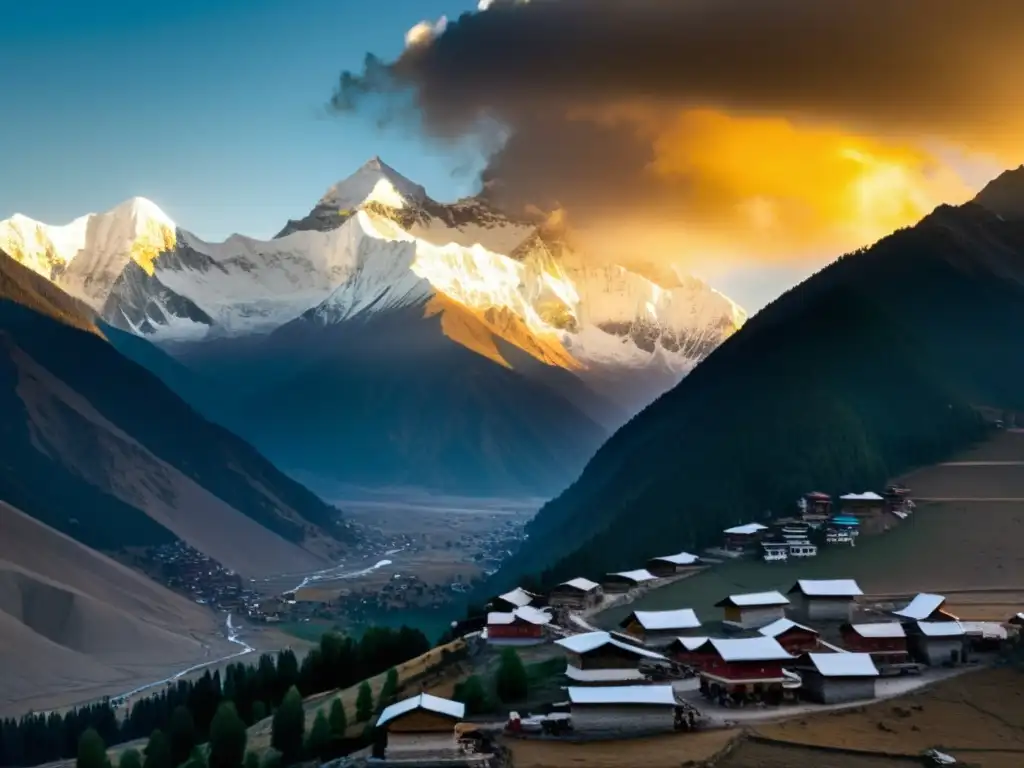 Imponentes montañas del Himalaya al atardecer, con una aldea en la base