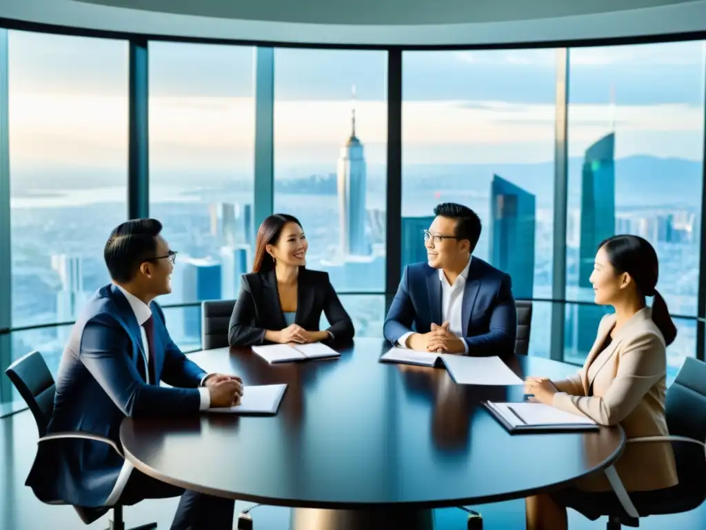 Importancia del liderazgo asiático en empresas: Ejecutivos asiáticos en una sala de juntas moderna, colaborando con pasión y determinación