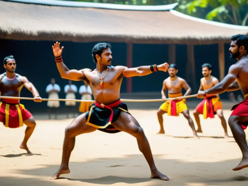 Una impresionante actuación de Kalaripayattu en un vibrante escenario al aire libre, capturando la energía dinámica y la habilidad de los artistas