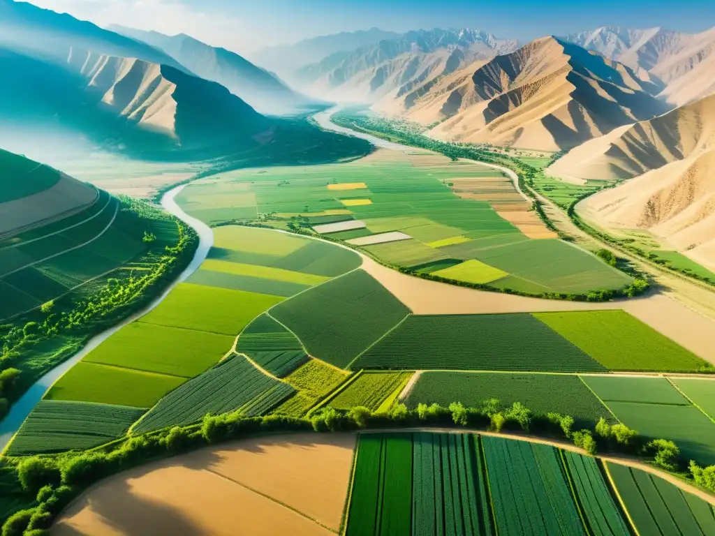 Una impresionante fotografía aérea del exuberante paisaje verde del Valle del Indo, con el río serpenteando entre las fértiles llanuras