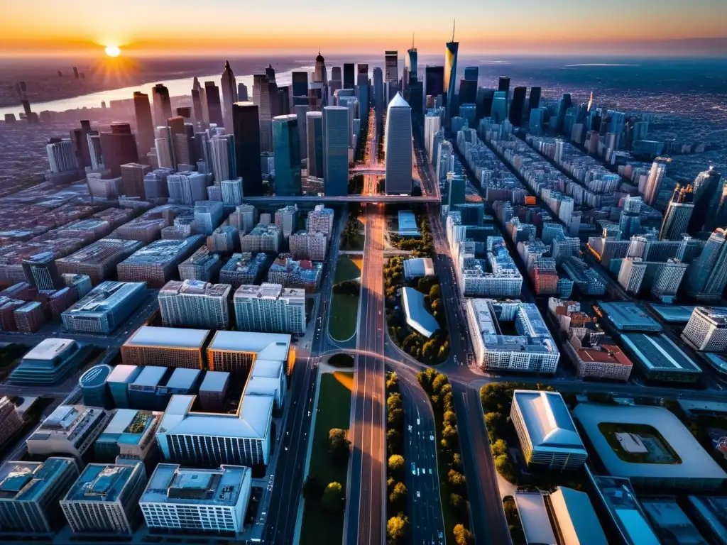 Una impresionante fotografía aérea de un vibrante paisaje urbano al atardecer, con la tecnología asiática democratizando la fotografía aérea