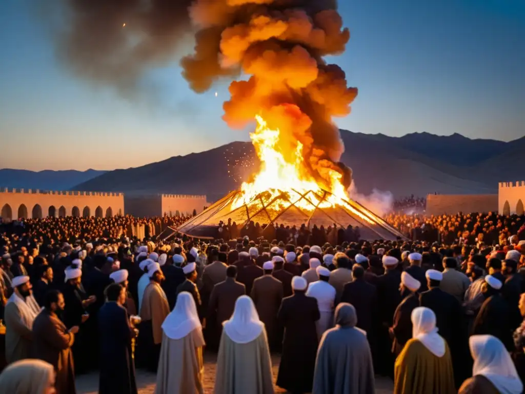 Una impresionante fotografía de alta resolución que captura el antiguo festival Sadeh en Persia, con una gran multitud vestida con trajes tradicionales rodeando una colosal fogata