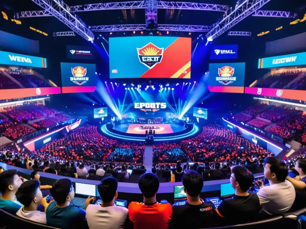 Una impresionante arena de eSports en Vietnam irradia energía y emoción, con estaciones de juego iluminadas y fans entusiastas