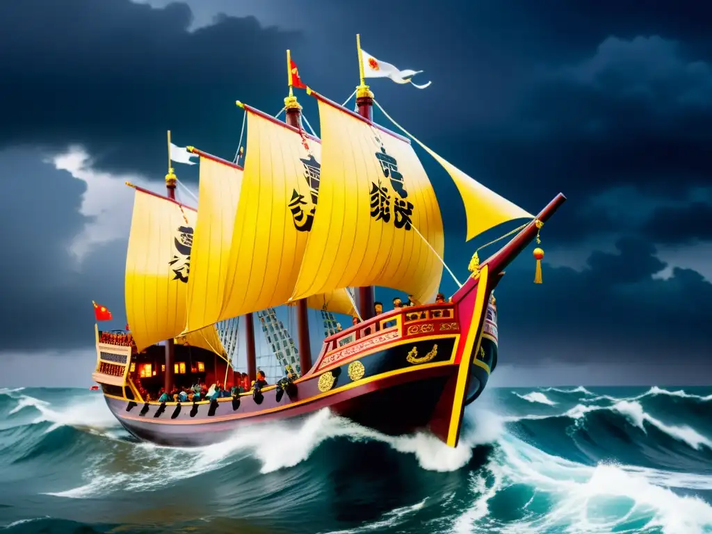 El impresionante barco del tesoro chino Zheng He Ming navega en medio de la tormenta, exhibiendo la grandeza de las expediciones marítimas