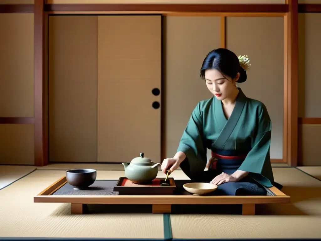 Una impresionante ceremonia del té japonesa, con movimientos precisos y elegantes en una serena habitación tatami