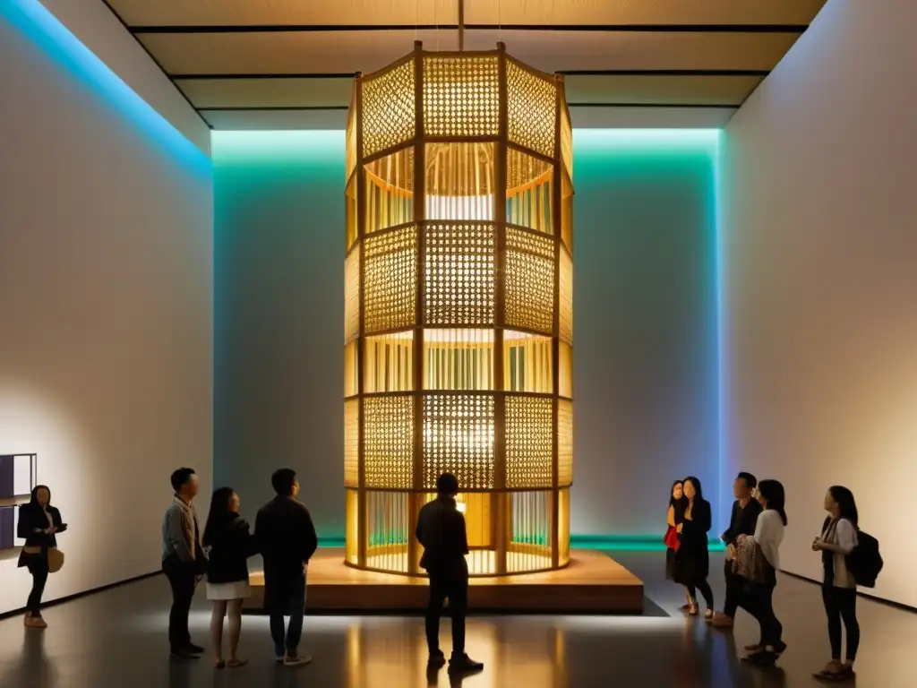 Impresionante instalación contemporánea de arte en Asia, con estructura de bambú y tela vibrante, iluminada desde dentro