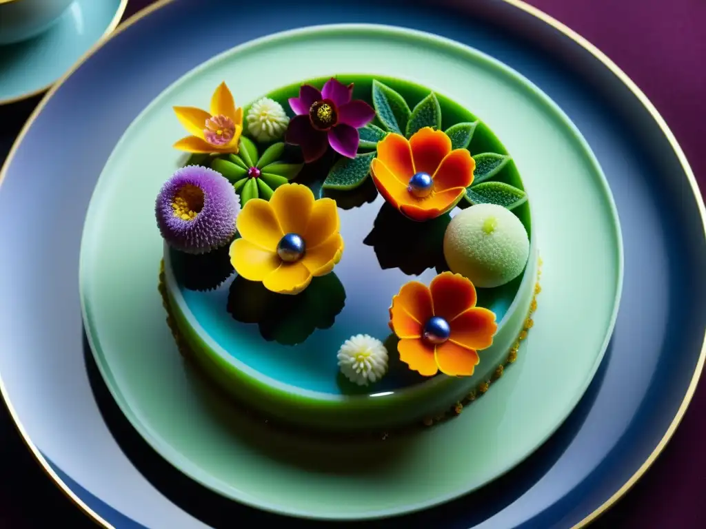 Una impresionante creación de arte comestible: un postre ultradetallado de Gaggan Anand, con esculturas de azúcar, flores comestibles y detalles precisos en un plato brillante