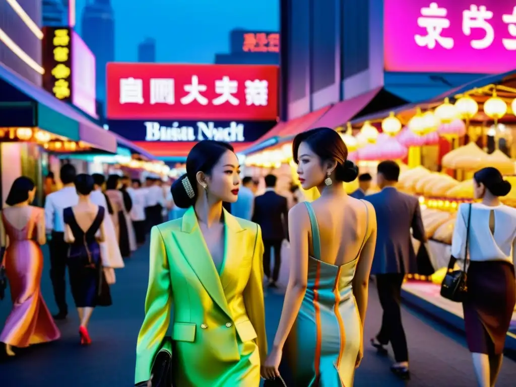 Un impresionante desfile de moda asiática en la bulliciosa metrópolis al anochecer, capturando la esencia de las Tendencias en Alta Costura Asiática