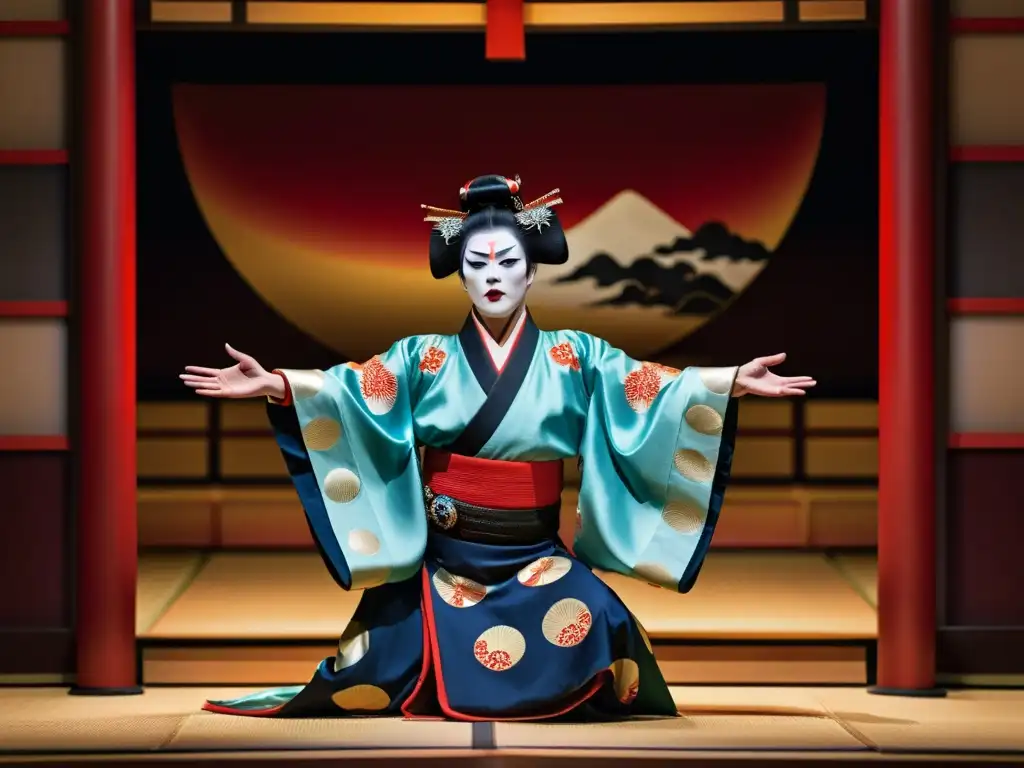 Una impresionante fotografía 8k detallada de una intensa actuación de kabuki, destacando la influencia del kabuki en el arte japonés