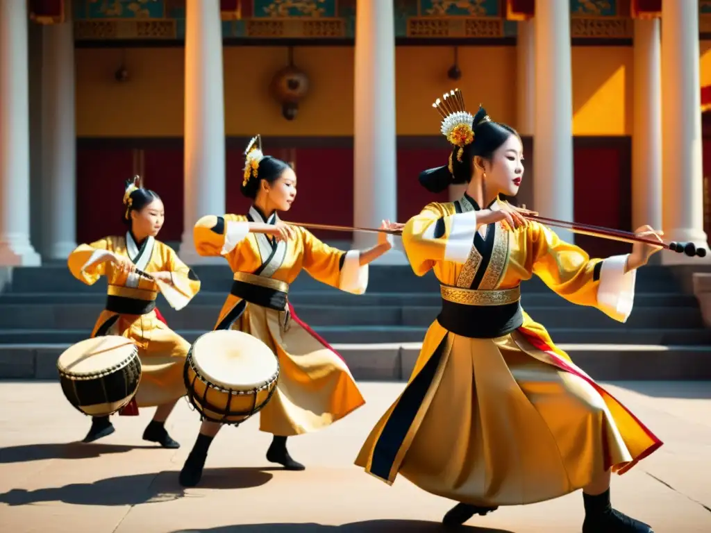 Una impresionante escena de una actuación musical asiática tradicional, con músicos y bailarines en trajes ornamentados, bajo una cálida luz dorada