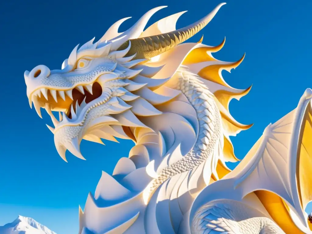 Impresionante escultura de nieve de un majestuoso dragón en el Festival de la Nieve Sapporo, bajo un cielo azul claro