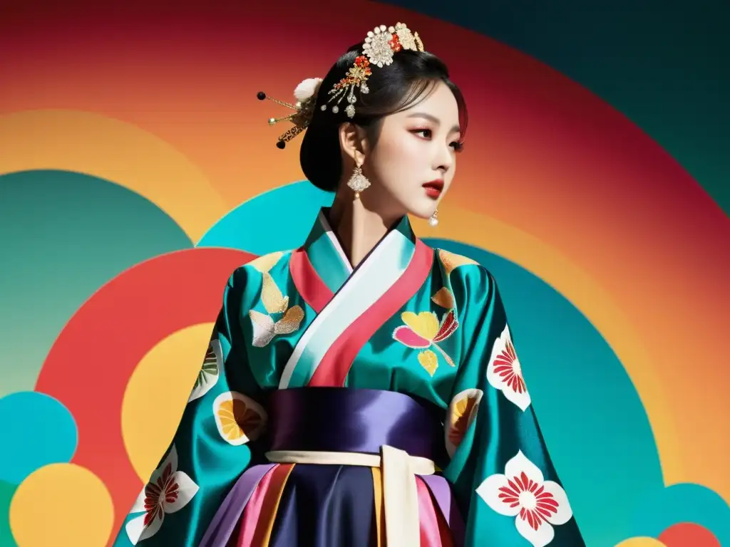 Un impresionante espectáculo de Kpop con influencia del arte asiático, donde artistas visten hanbok tradicionales en un escenario dinámico