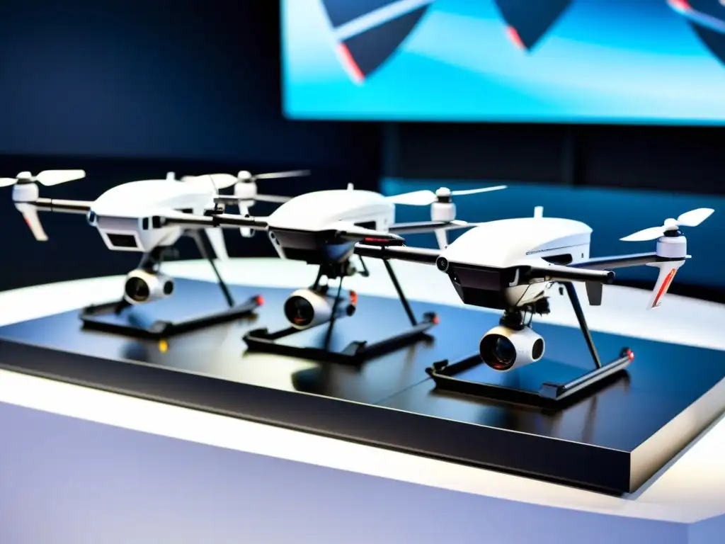 Una impresionante exhibición de drones asiáticos en una feria tecnológica, mostrando innovación y diversidad