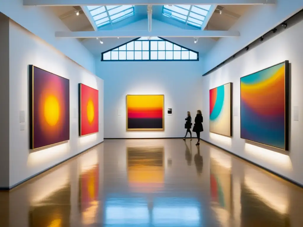Exhibición vibrante de arte abstracto en galería iluminada Una impresionante galería llena de arte asiático contemporáneo, poderoso y abstracto, iluminada por la cálida luz natural de los tragaluces