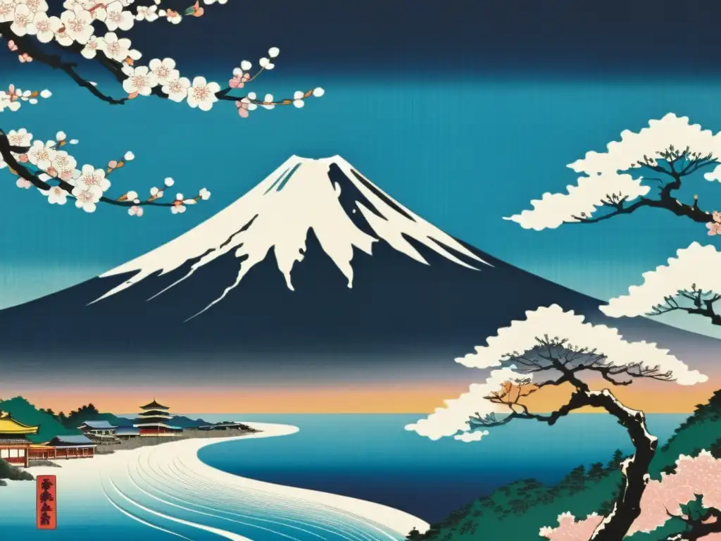 Una impresionante grabado en madera de ukiyo-e del Monte Fuji durante el período Edo, con detalles exquisitos y colores vibrantes