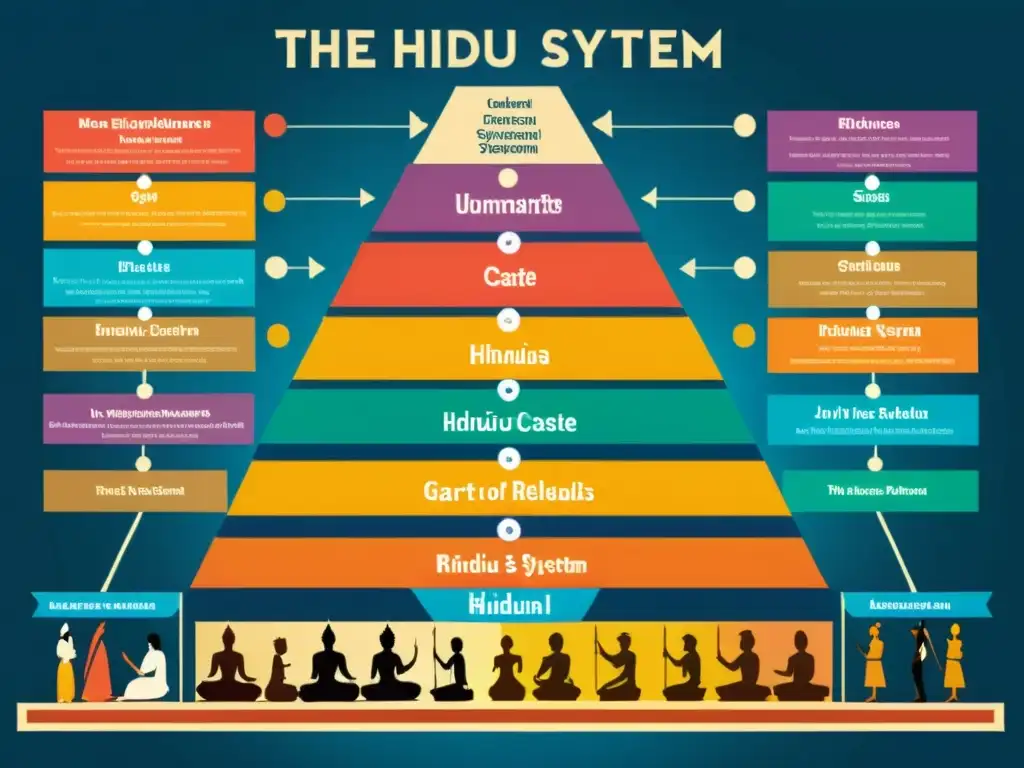 Un impresionante gráfico del sistema de castas en el hinduismo, detallado y colorido, que refleja la complejidad social y religiosa