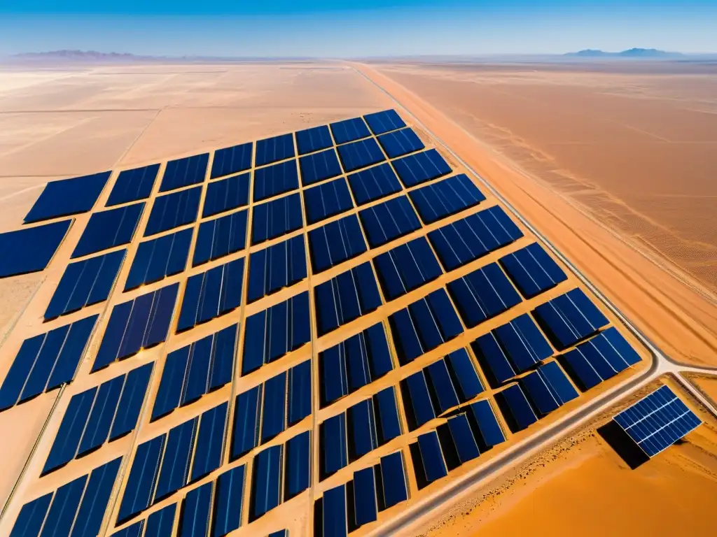 Una impresionante granja solar en el Desierto de Gobi, con paneles solares formando un diseño geométrico