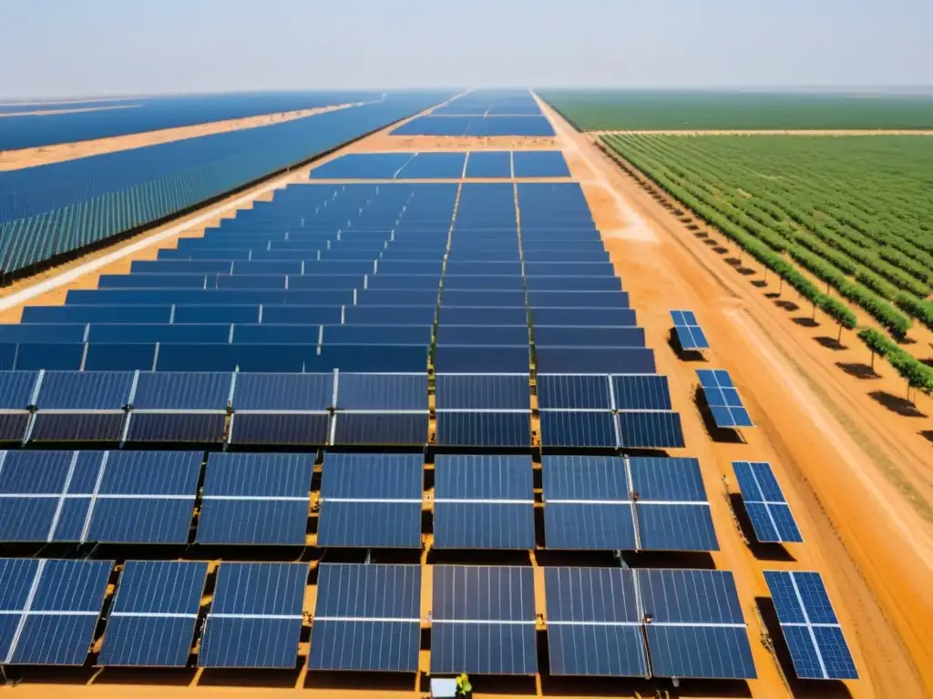 Una impresionante granja solar en la India, con paneles relucientes bajo el cielo azul