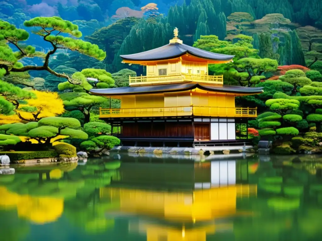 Una impresionante imagen de alta resolución del Kinkakuji, también conocido como el Templo del Pabellón Dorado, mostrando los intrincados detalles de la arquitectura cubierta de hojas de oro contra el telón de fondo de serenos jardines japoneses y un tranquilo estanque