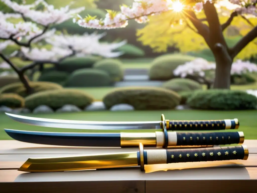 Una impresionante imagen de armas tradicionales del Budo japonés, en un jardín sereno con árboles de cerezo en flor