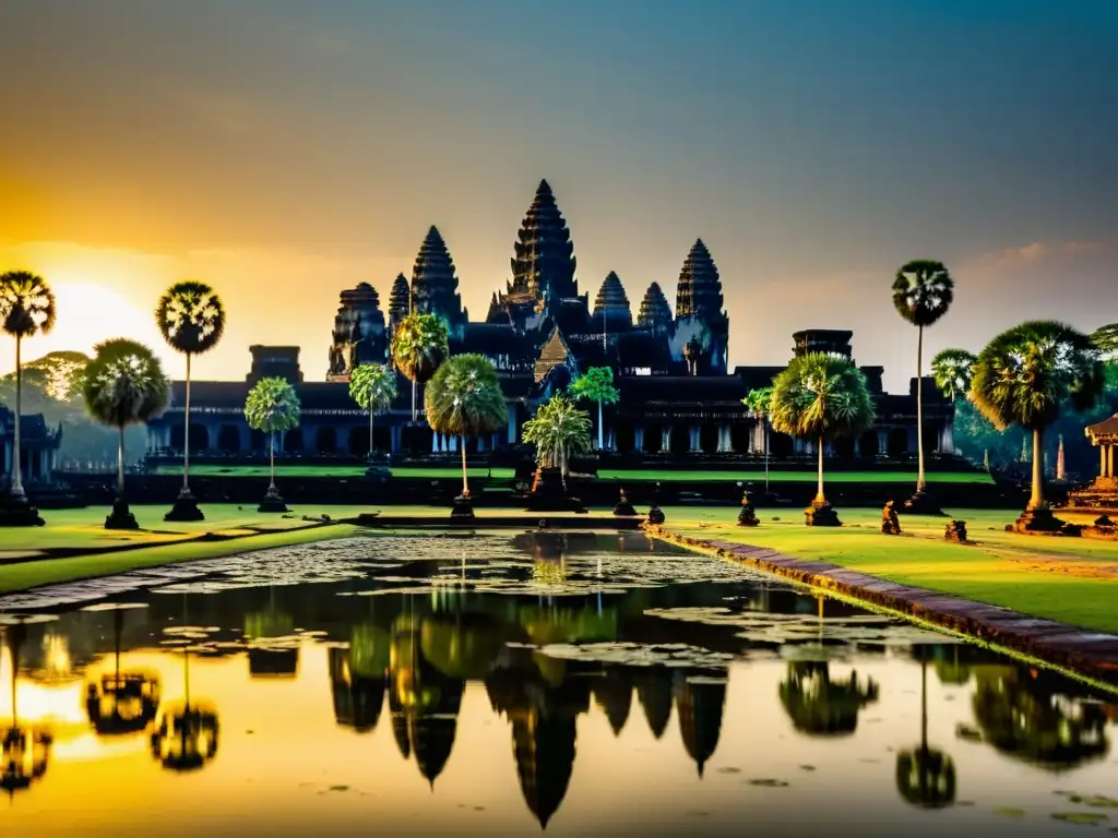 Impresionante imagen en 8k del complejo del templo Angkor Wat en Camboya, rodeado de exuberante vegetación y la silueta de un monje