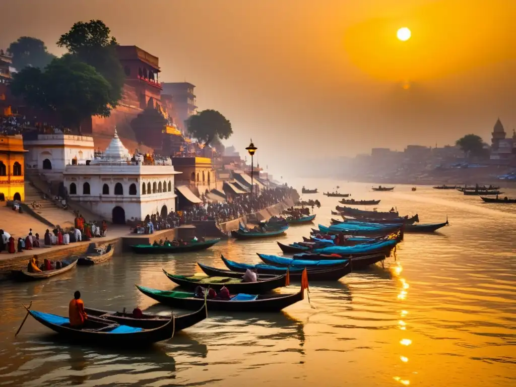 Una impresionante imagen del río Ganges en Varanasi al amanecer, con devotos realizando rituales matutinos y templos antiguos en la orilla