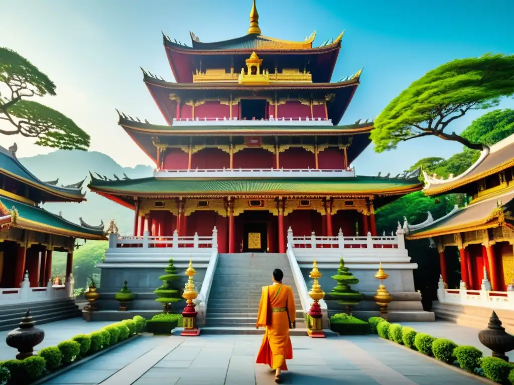 Una impresionante imagen de un templo asiático decorado, rodeado de exuberante vegetación y personas con bandejas de comida