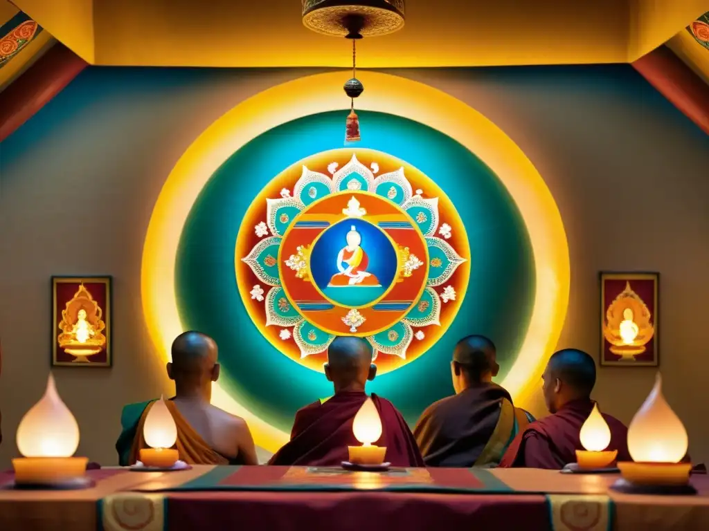 Una impresionante imagen de un thangka tibetano tradicional que emana sabiduría ancestral y profundidad espiritual, con monjes en meditación